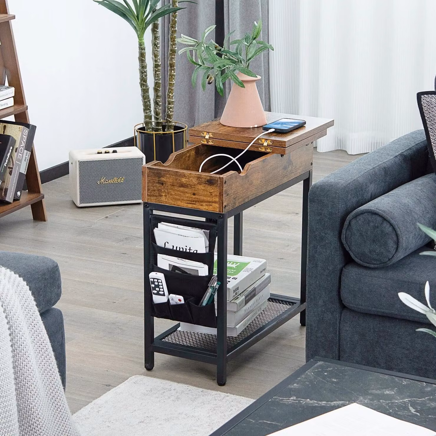 Costway Brown Narrow Side Table with Flip Top, Charging Station and Side Pocket – 4
