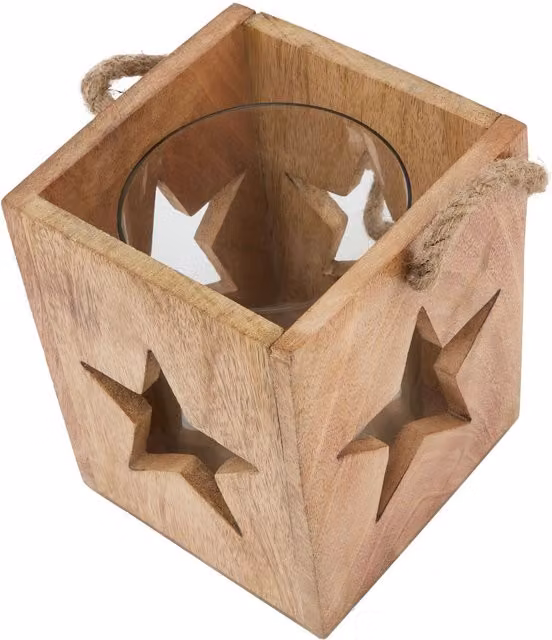 KDMK Rustic Geometric Star Tealight Candle Holder, Wood, Brown, Height: 16 cm