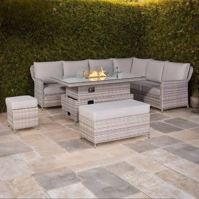 Furnishings For Less UK Grey Rattan Garden Corner Sofa Set with Rising Fire Pit Table