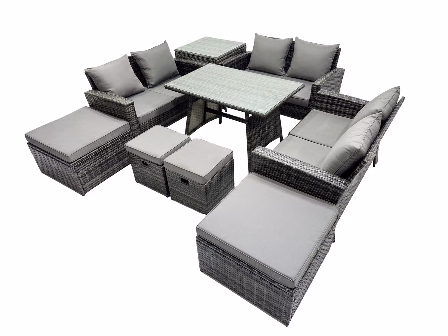 Fimous 10 Seater Outdoor Dining Set with Double Seat Sofa, 4 Stools and Side Table in Dark Grey – 2