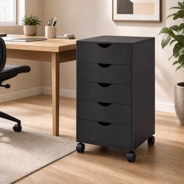 STILVORA 5 Drawer Filing Cabinet with Storage in Black