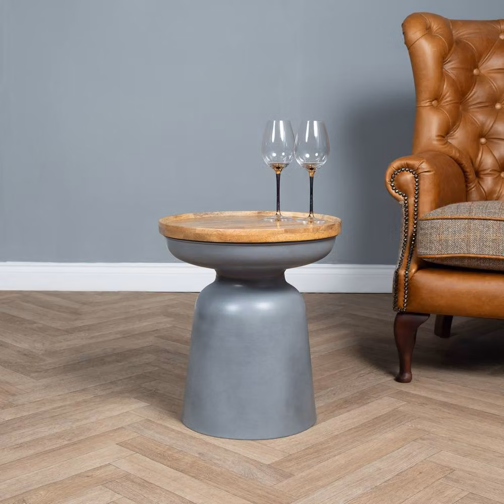 Elm Home And Garden Round Side Table with Grey Metal Base and Oak Finish Mango Wood Top – 2