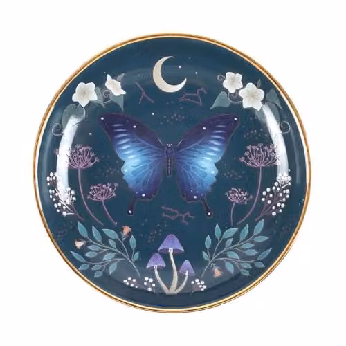Something Different Wholesale Midnight Moth Round Trinket Dish in Petrol Blue with Gold Accents and Floral Details – 1
