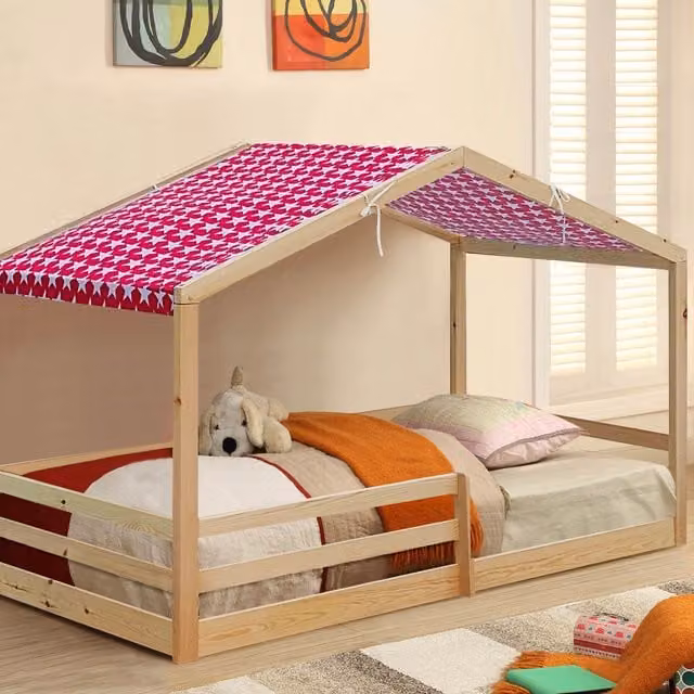 Comfy Living Single Wooden House Style Childrens Bed with Pink Fabric Tent, W: 90 cm, L: 190 cm