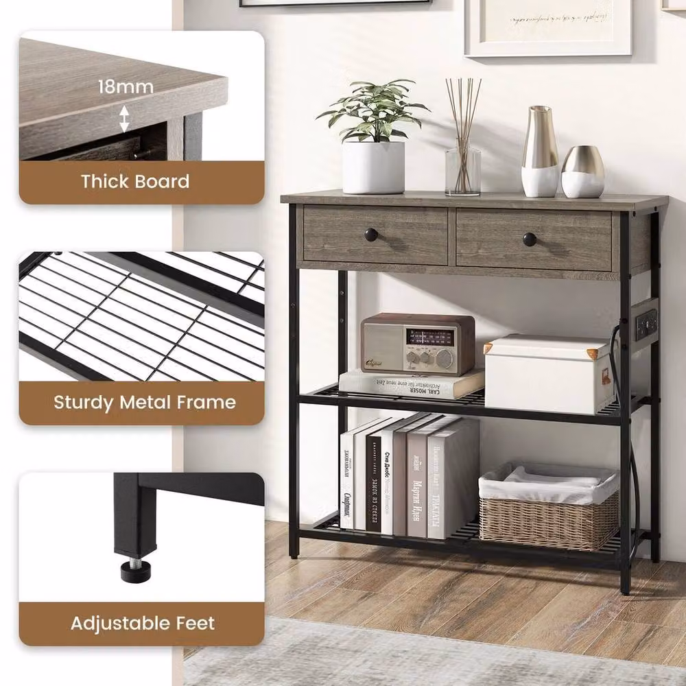 VOGREX Narrow Long Console Table with 2 Drawers and Power Outlet in Brown, W/D/H: 81 x 30 x 30 cm – 3