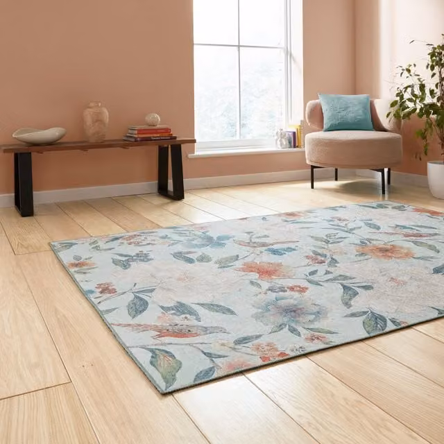 Catherine Lansfield Pipa Blue Floral Rectangular Flat Weave Polyester Hallway Rug