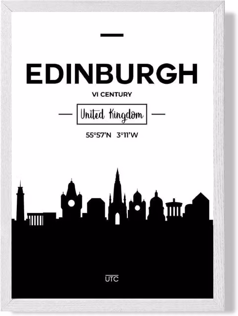 ARTZE Edinburgh Black and White City Skyline Framed Print with White Frame – 1