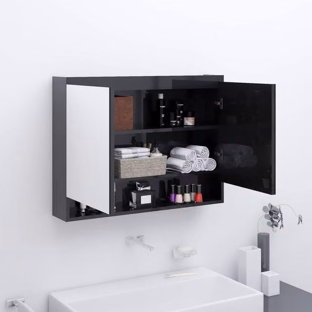 Berkfield Home Modern Glossy Black Bathroom Mirror Cabinet, W: 80 cm, D: 15 cm, H: 60 cm – 1