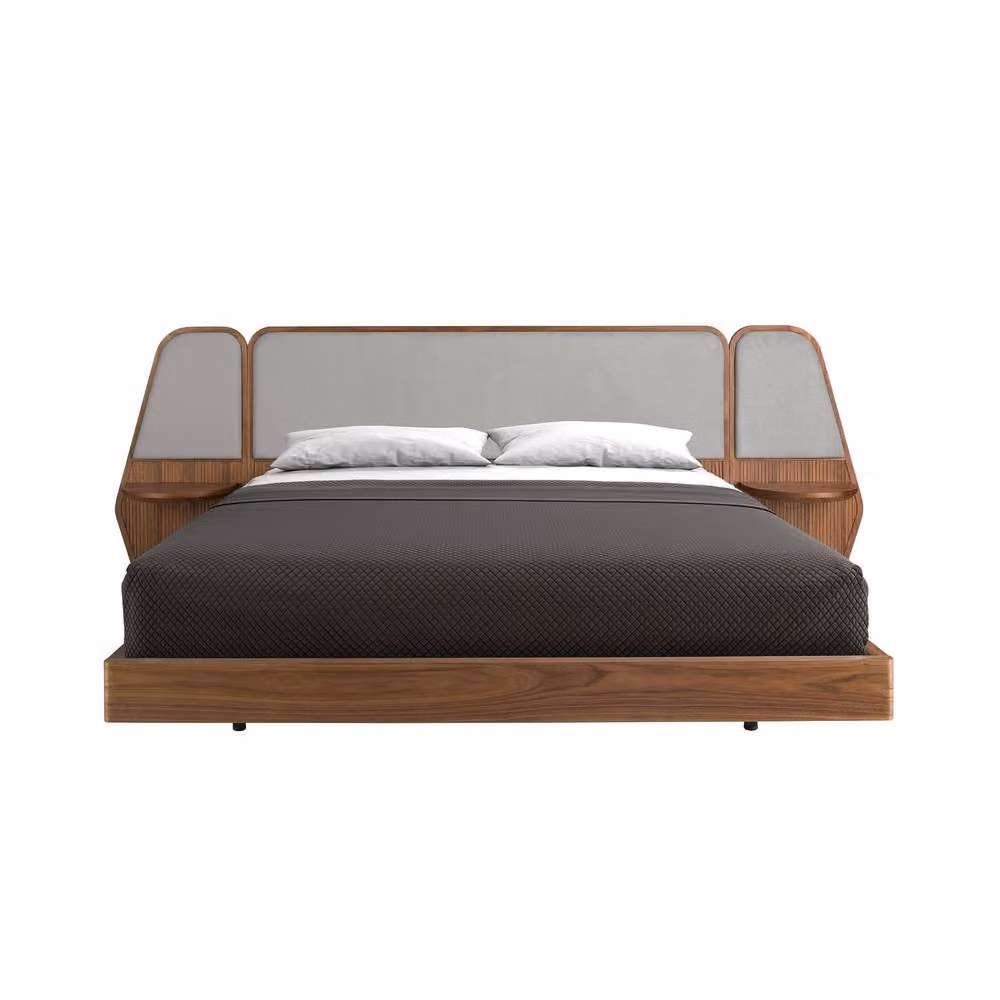Angel Cerda Walnut Veneer Double Bed with Grey Fabric Headboard and Side Compartments, W/D/H: 180 x 200 cm – 2