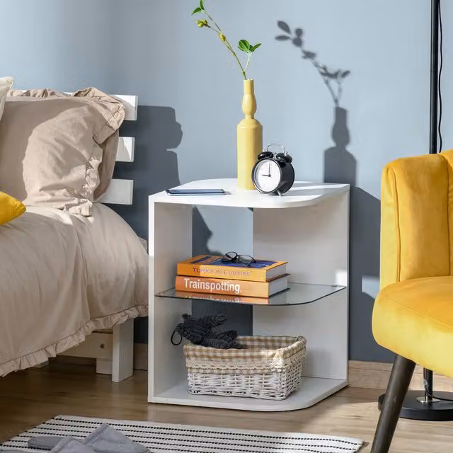 HOMCOM Modern White Bedside Table with 2 Shelves