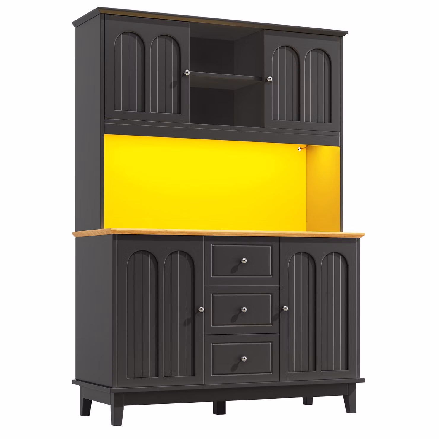 Aosom UK Tall Kitchen Sideboard Cabinet with App-Controlled LED Lighting and Open Display Shelf, Black, W: 120 cm, D: 40 cm, H: 180 cm – 2