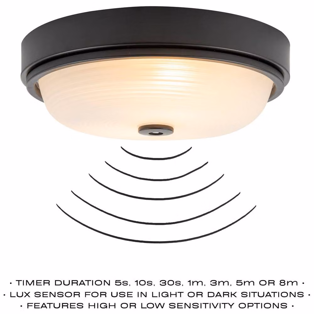 Happy Homewares Black IP44 Round Glass Ceiling Light Fitting with Motion, Timer and Dusk Sensors – 3