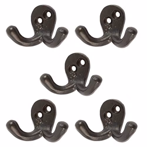 Hammer and Tongs Matt Black Powder-Coated Iron Double Coat Hook, Pack of 5, W: 5.0 cm, H: 3.5 cm – 2