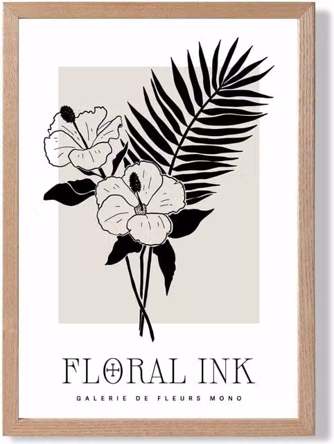ARTZE Hibiscus Flowers Black and Beige Floral Ink Sketch Framed Print with Oak Frame