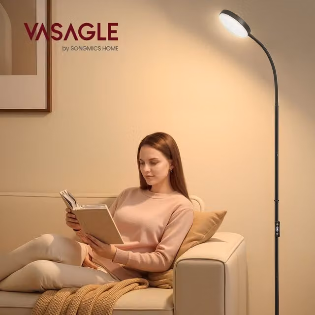 VASAGLE LED Reading Floor Lamp with Adjustable Rotating Head, Black, Height: 170 cm