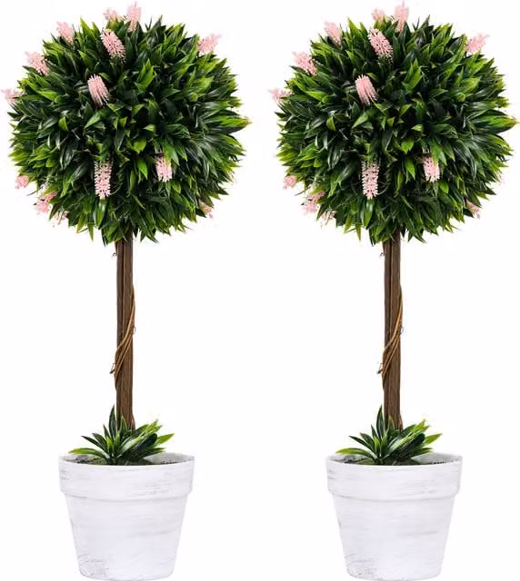 HOMCOM Set of 2 Pink and Green Decorative Artificial Floral Ball Trees, Height: 60 cm – 1