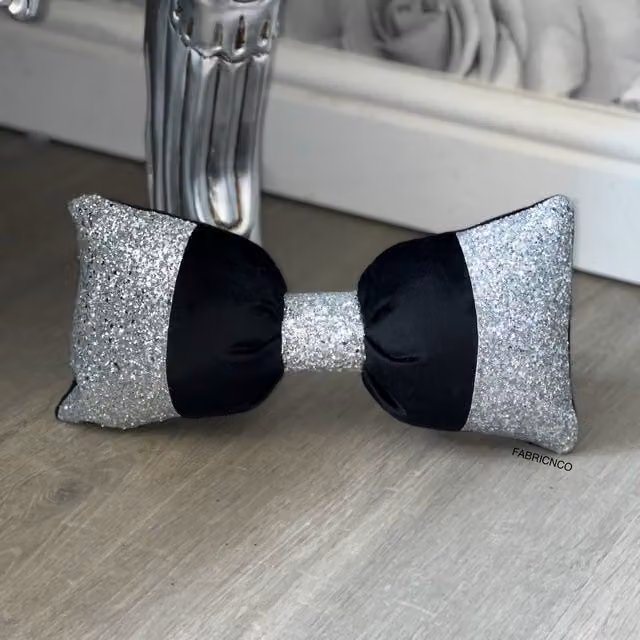 FABRICNCO Black and Silver Plush Velvet Bow Cushion