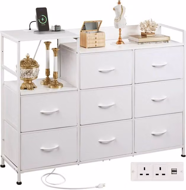 Rolipo White Chest of Drawers with Integrated Charging Station and 8 Fabric Storage Drawers