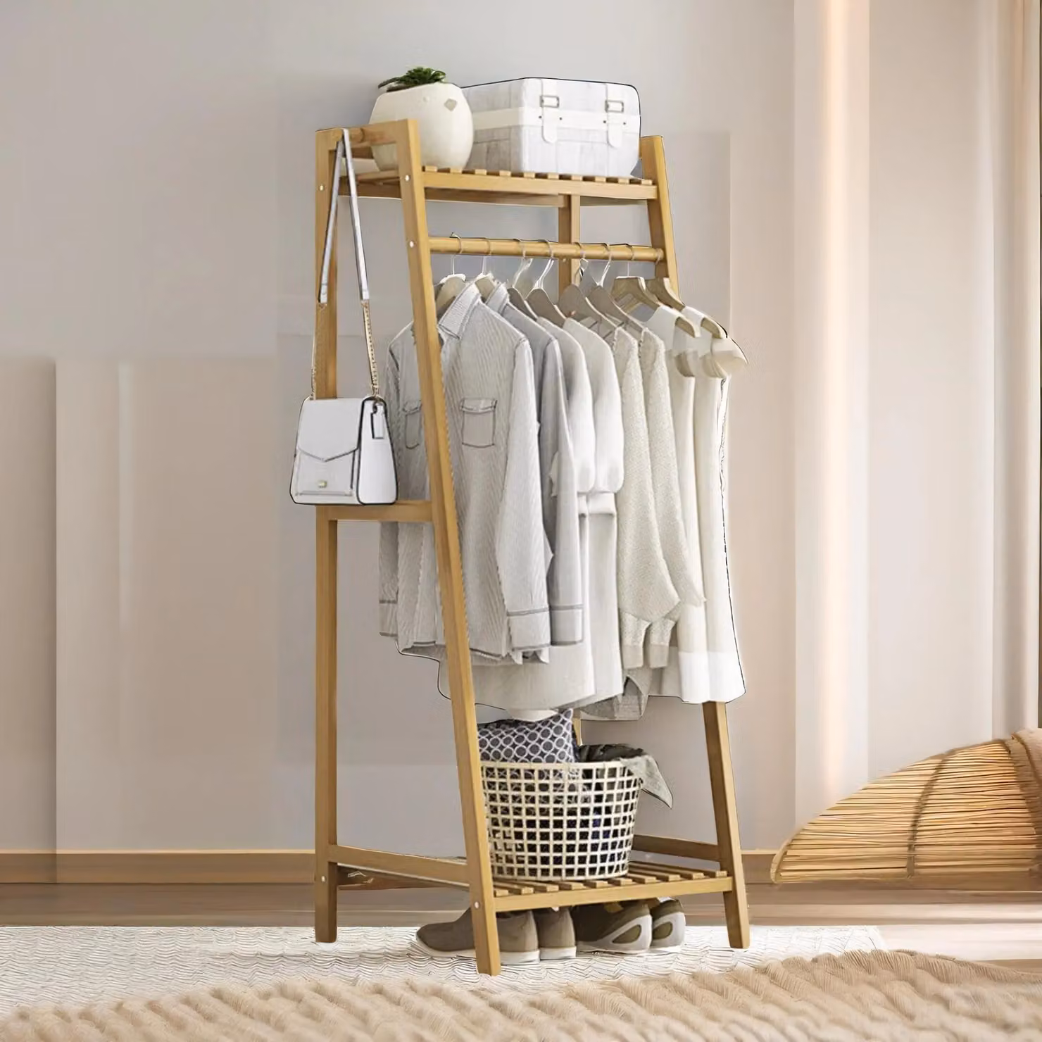 Pirlo Plush Bamboo Clothing Rail with Shelves in Brown, Height: 140 cm – 2