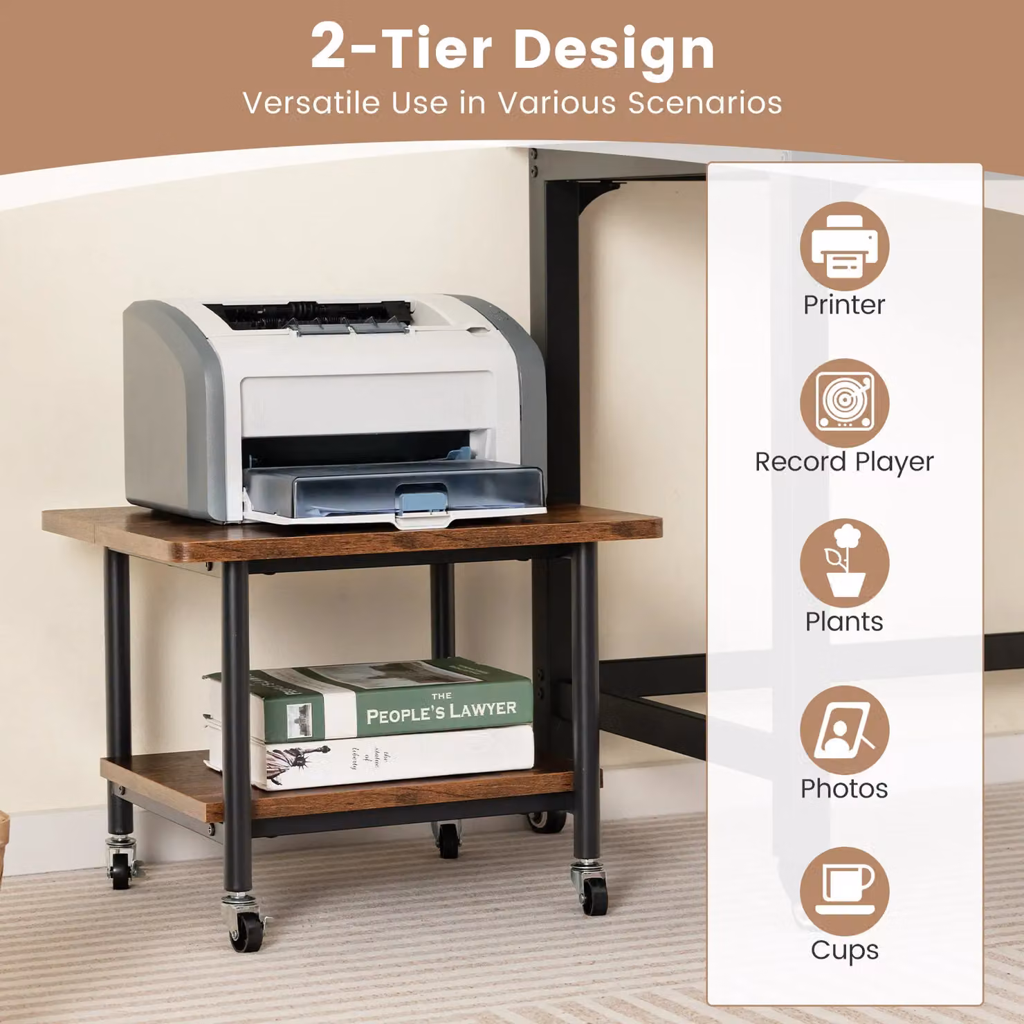 Costway Under Desk Printer Stand with 4 Wheels in Brown – 5