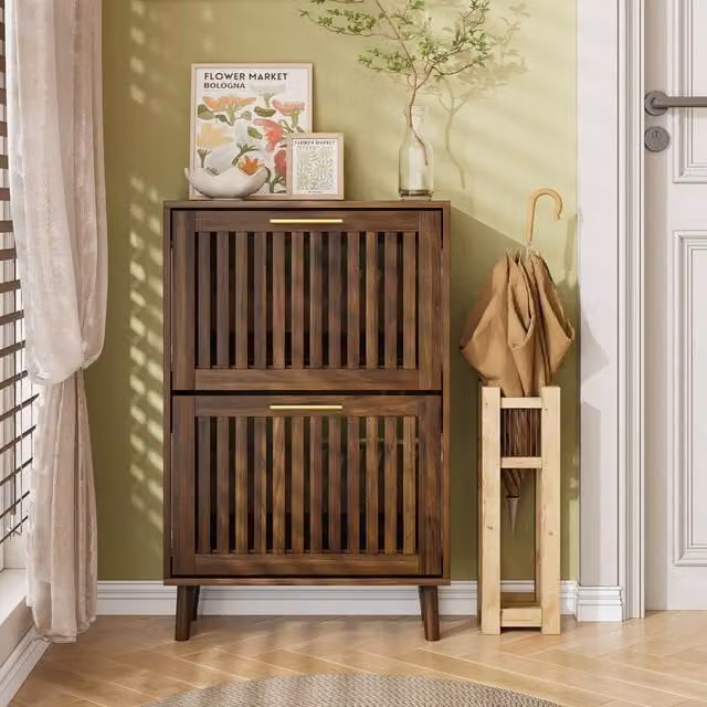 Merax Slim Walnut Shoe Storage Cabinet with 2 Tilting Compartments and Open Shelf