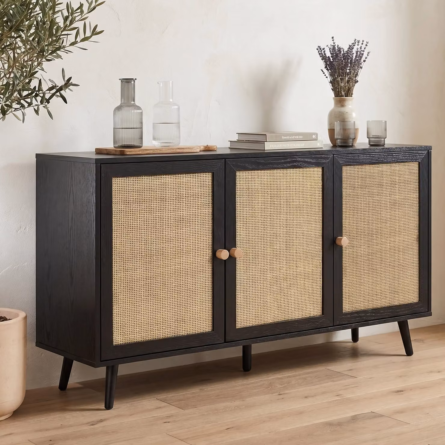 Wovena Mid-Century Rattan 3 Door Sideboard Cabinet in Black, W/D/H: 135 x 40 x 80 cm