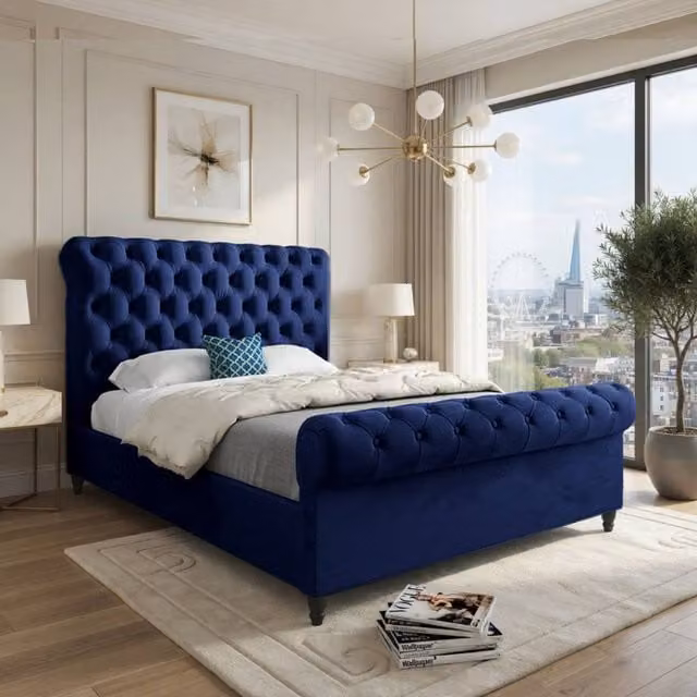 KDMD Welshampton Sleigh Upholstered Designer Bed Frame in Blue Soft Velvet, Double Size (W: 140 cm, L: 200 cm)