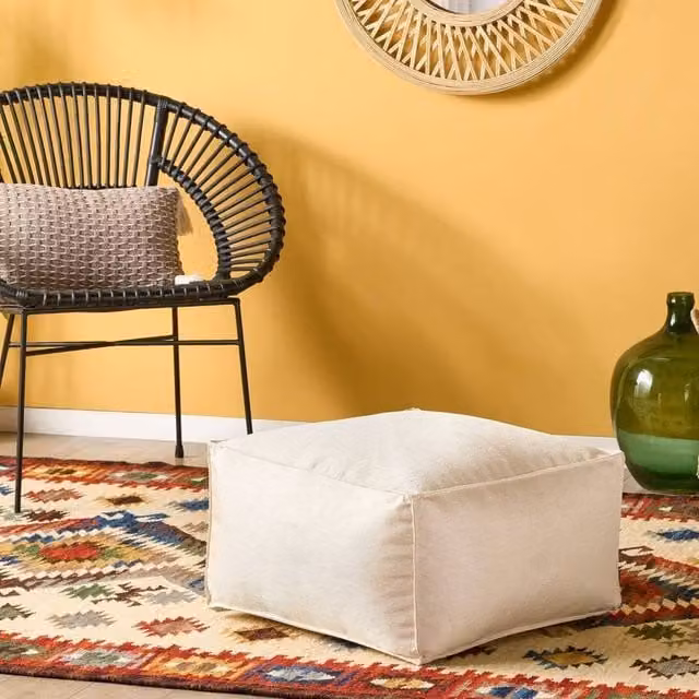 Wyld and Coco Off-White Cube Pouffe, White Fabric EPS Bead Footstool and Side Table – 1