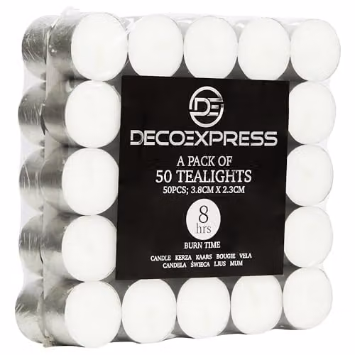Deco Express Unscented White Tealight Candles, 8 Hour Burn Time, Pack of 50