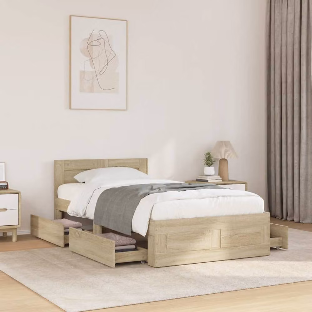 Berkfield Home Bed Frame with Headboard and Drawers in Light Oak, W/D/H: 100 x 200 cm – 2