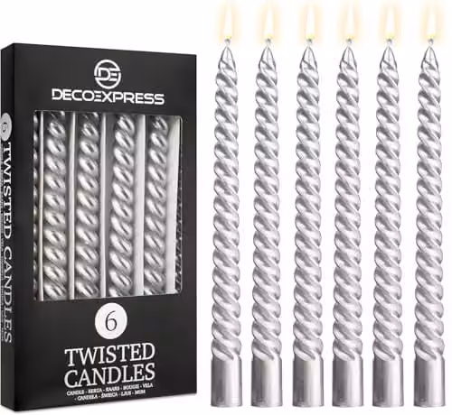 Deco Express Non-Drip Twisted Unscented Dinner Candles, Metallic Silver, Pack of 6