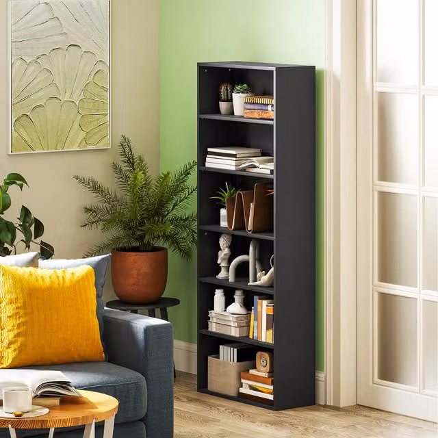 HOMCOM 6 Tier Black Bookshelf with Adjustable Shelves