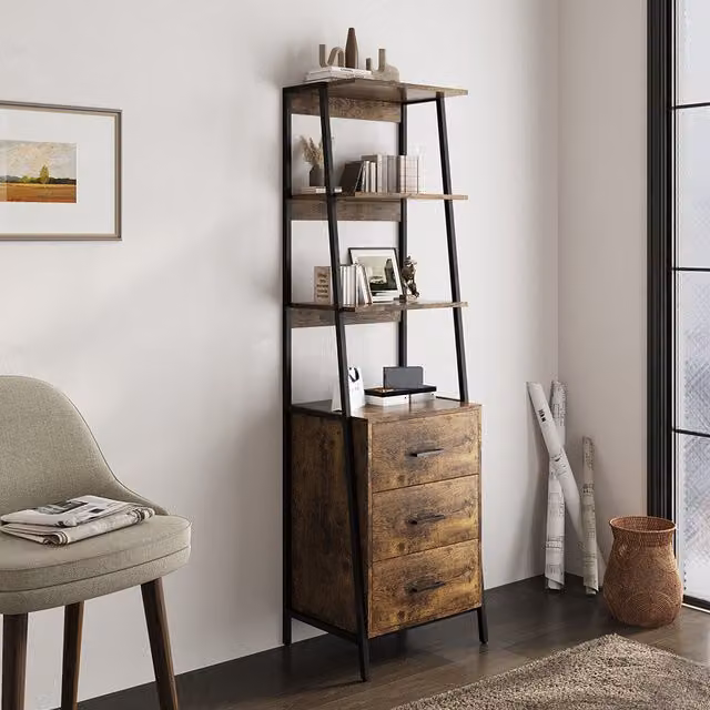 H&O Direct Industrial Style Wooden and Metal Bookshelf with Drawers in Brown and Black