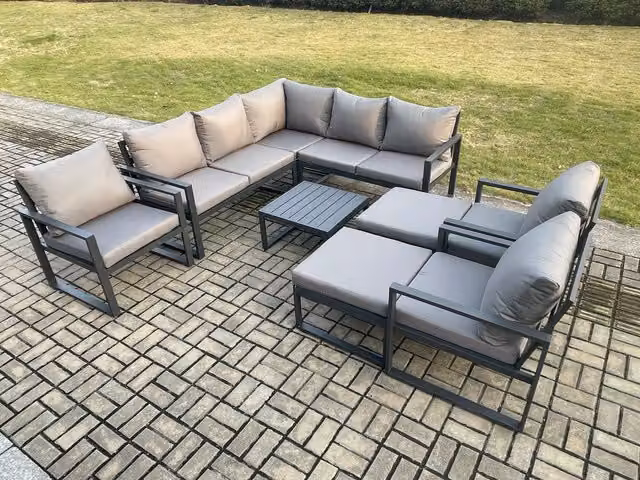 Fimous 10 Seater Outdoor Aluminium Garden Furniture Set in Dark Grey with L-Shape Corner Lounge Sofa, Square Coffee Table and 2 Large Footstools