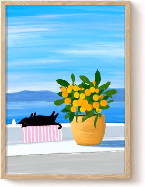The Paper Tail Sunbathing Cat Travel Black Cat Art Print, Multicolour, A5