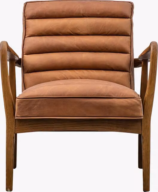Perch & Parrow Mid-Century Leather Armchair with Armrests in Brown and Oak Wood Frame