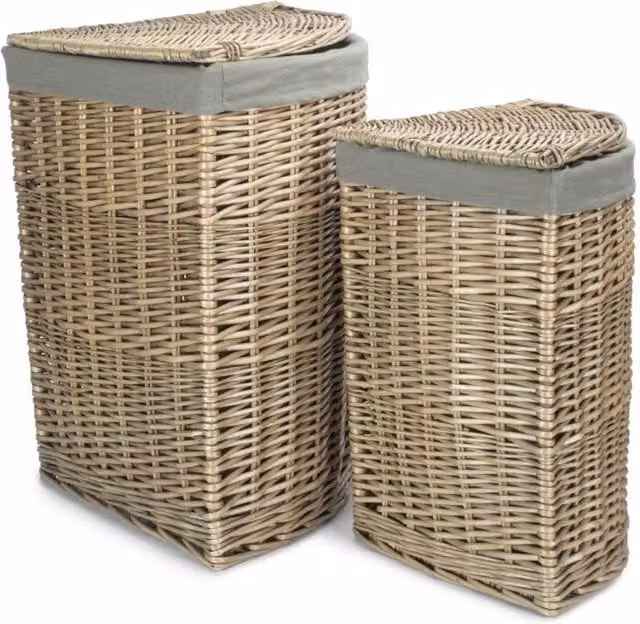 Red Hamper Set of 2 Antique Wash Corner Linen Baskets with Grey Sage Cotton Lining in Natural Fibre – 1