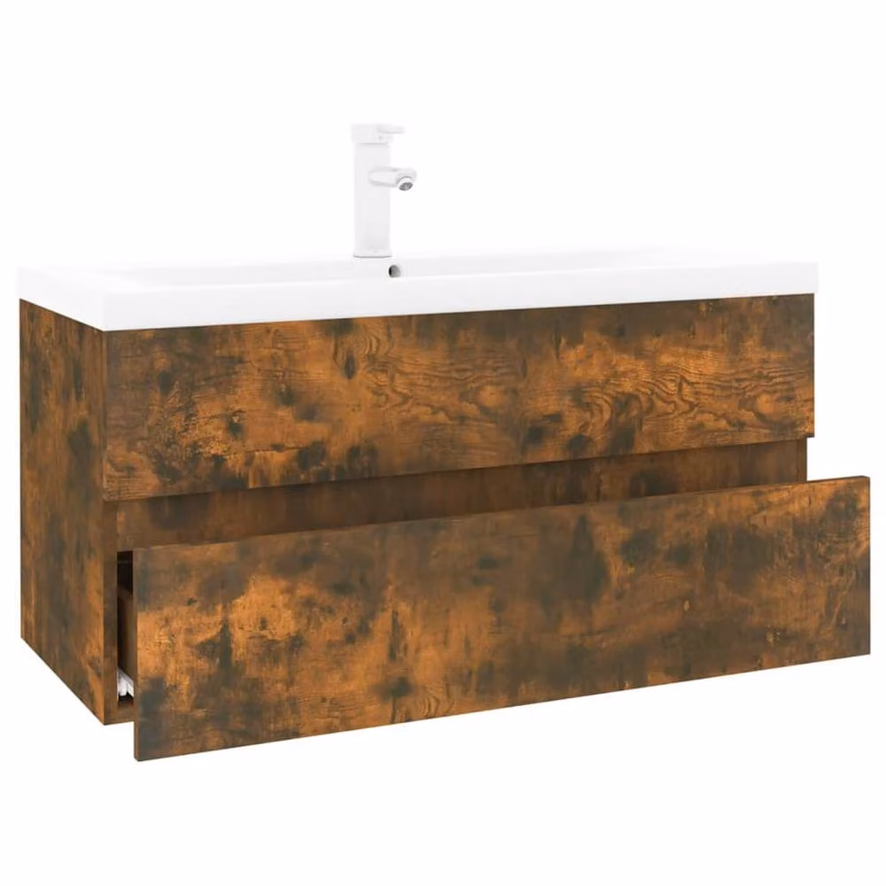 Berkfield Home Wall Mounted Bathroom Sink Cabinet with Built-in Basin in Smoked Oak Brown, W/D/H: 45.0 x 38.5 x 90.0 cm – 2