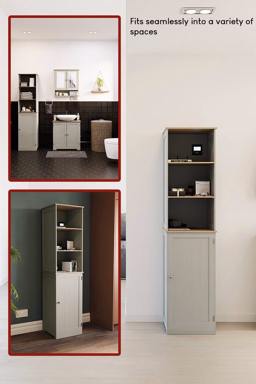 HD Designs Priano Tall Storage Cabinet in Grey with 3 Open Shelves and 2-Tier Hinged Door Storage – 6