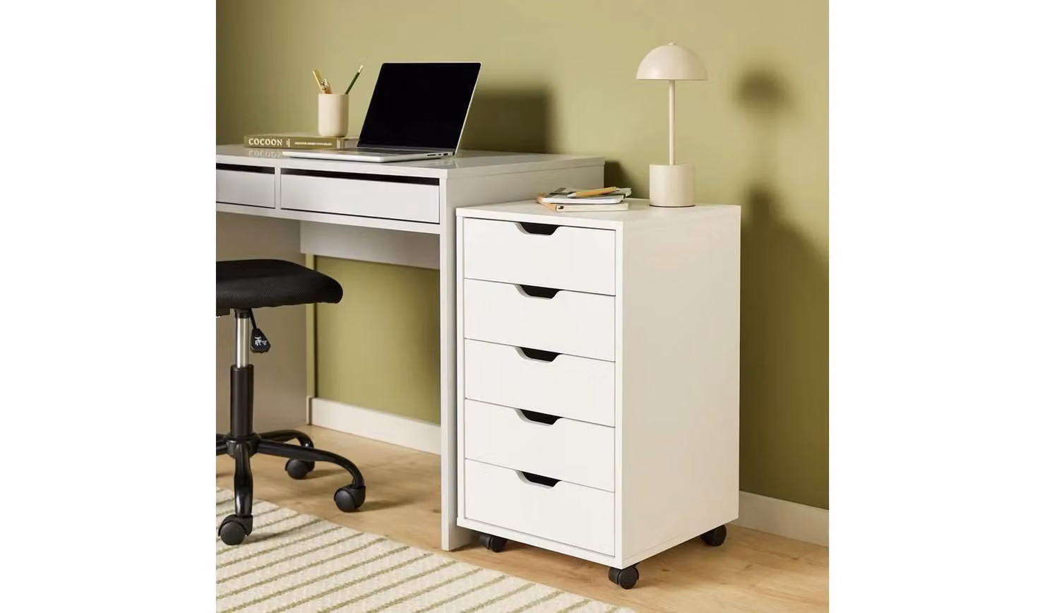 White 5 Drawer Filing Cabinet with Castors for Home Office Storage