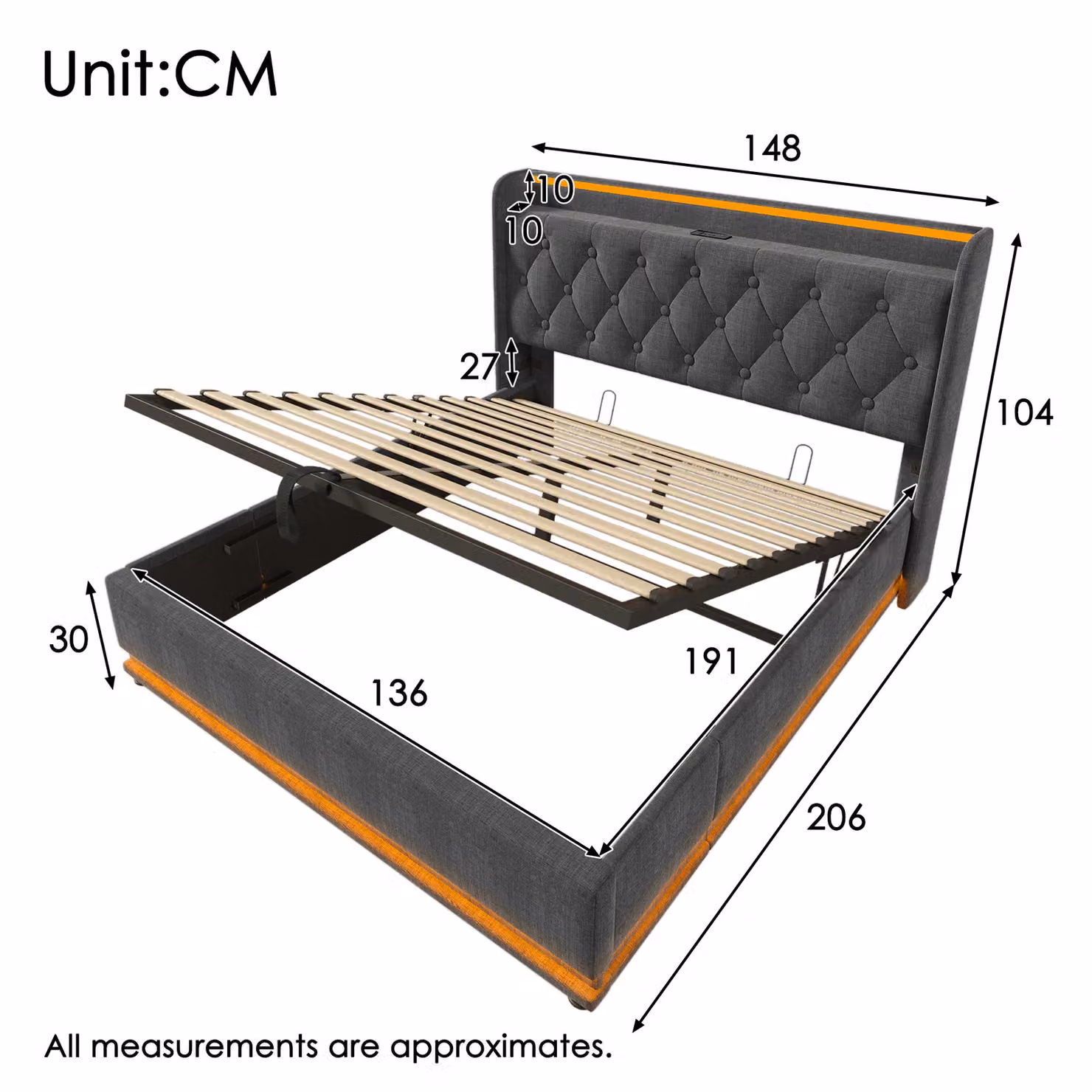 Matteo Upholstered Double Ottoman Bed in Grey with 360 Surround LED Function and USB Charging Port, W/D/H: 140 x 200 x 135 cm – 2
