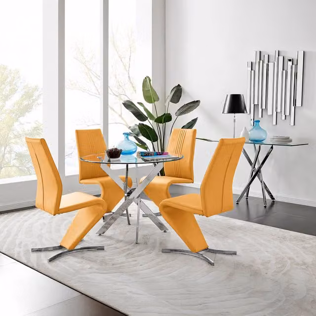 FurnitureboxUK Novara Round Glass and Chrome Dining Table with 4 Willow Dining Chairs Set in Yellow, Diameter: 100 cm – 1