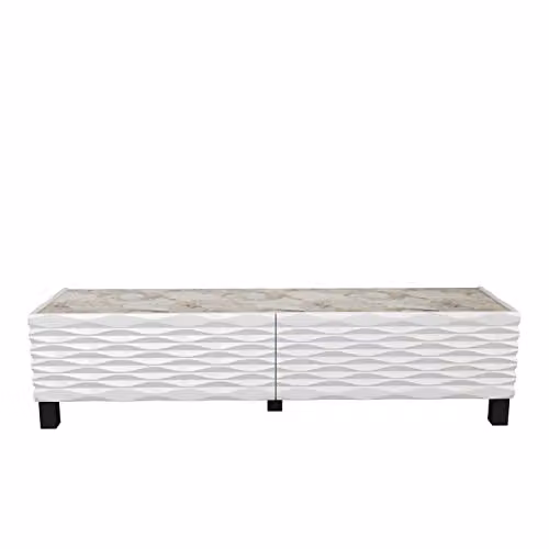 DECOROTIKA Lerze Modern TV Stand with Marble Effect Tabletop and Textured Doors, White, Width: 150 cm – 4