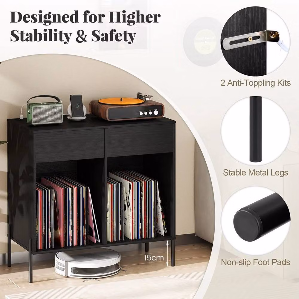 KORVIXA Wide Record Player Stand Turntable Cabinet in Black – 4