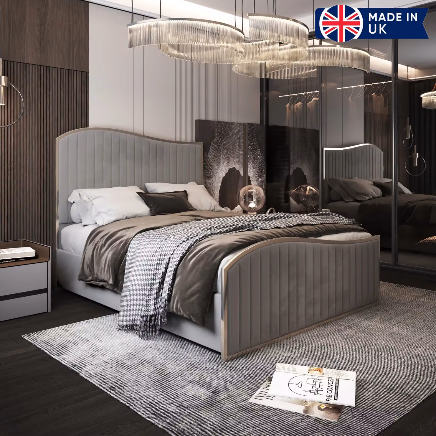 KDMD Darlington King Size Upholstered Soft Velvet Metal Designer Bed Frame in Grey, W/D/H: 180 x 200 cm – 2