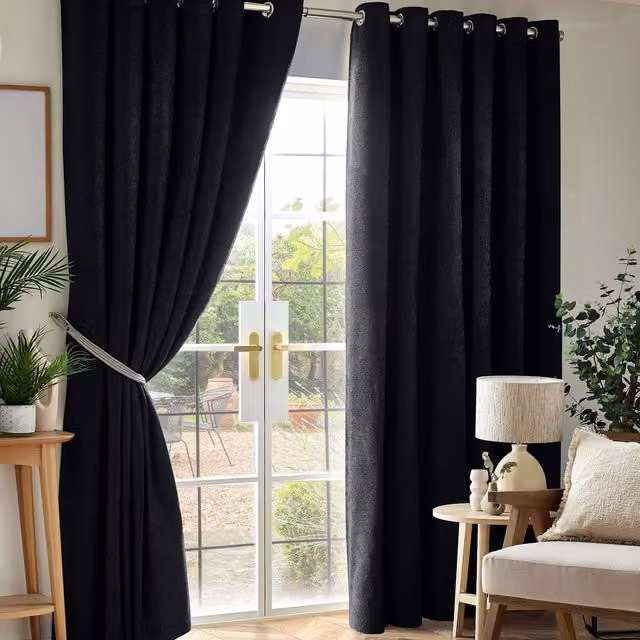 Terrys Black Chenille Triple Woven Eyelet Blackout and Thermal Insulating Curtains