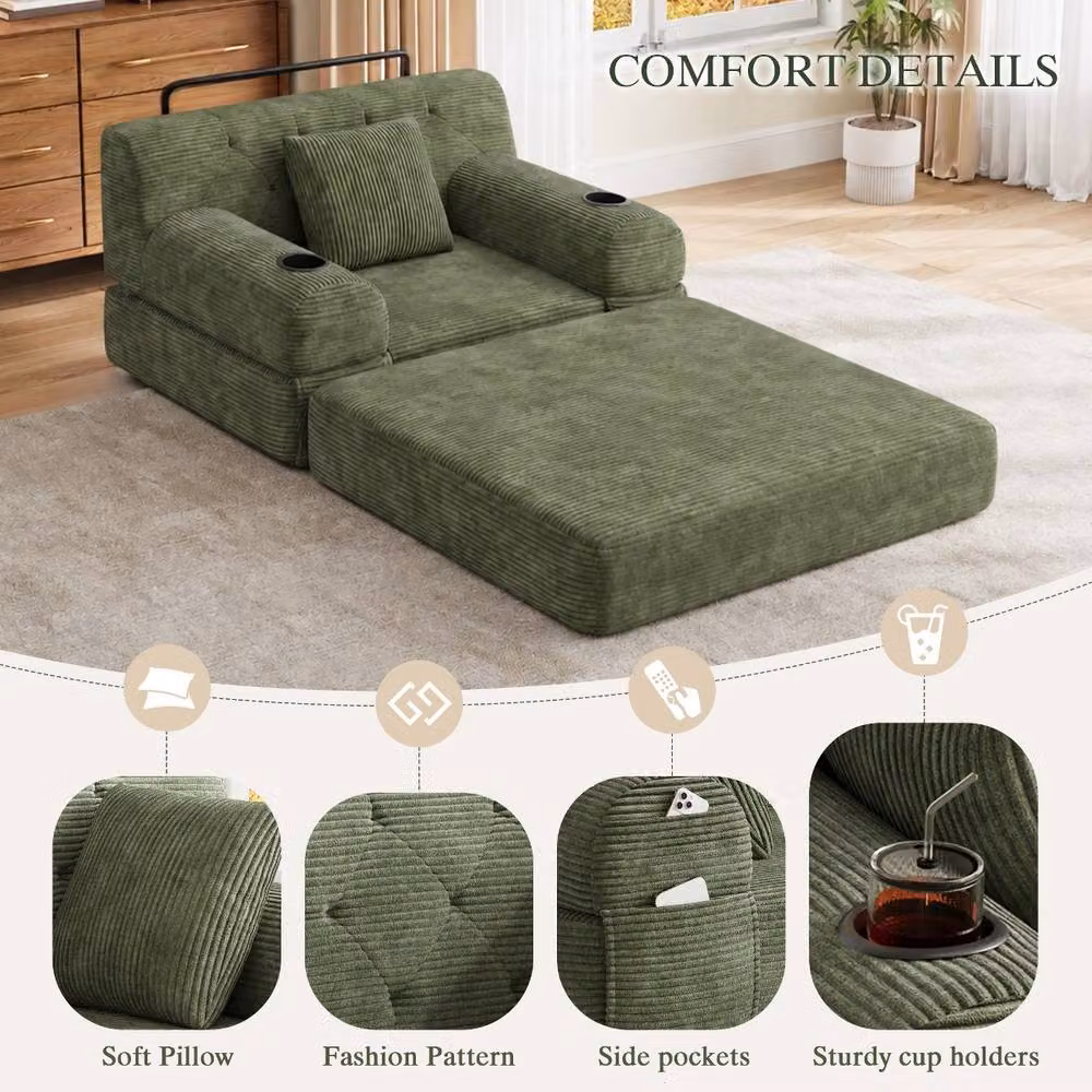 Rolipo Green Corduroy 1-Seater Sleeper Sofa with Cup Holders and Pockets – 4