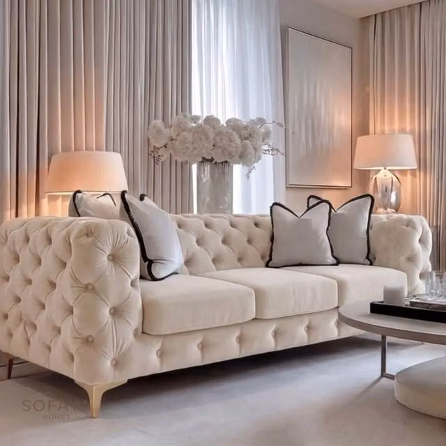 Sofaya Monaco 3 Seater Chesterfield Velvet Sofa in Cream