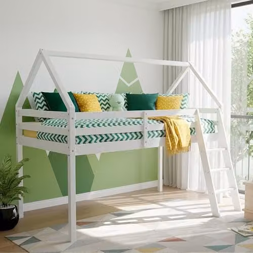 Kidsaw Jinsen White Wooden Mid Sleeper Single Bed, H 198 x W 90 x D 160 cm – 1