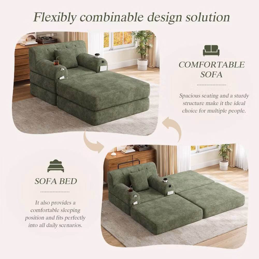 Matteo Green Corduroy Convertible 1-Seater Sleeper Chair and Ottoman with Armrests – 3